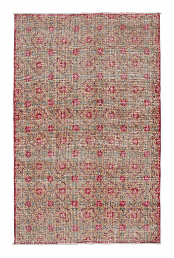 Vintage Zeki Muren Rug In Brown With Red And Teal Trellis Pattern