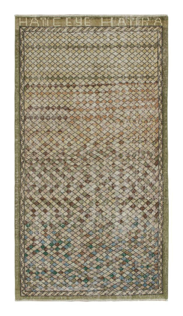 Vintage Zeki Muren Rug In A Green And Brown Geometric Pattern