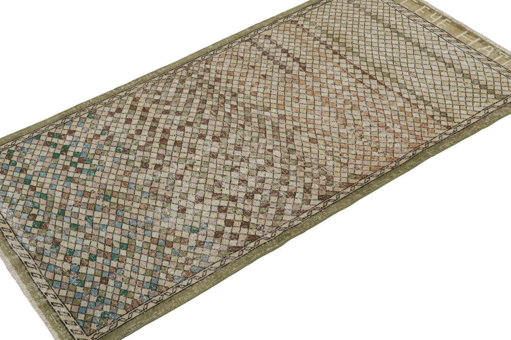 Vintage Zeki Muren Rug In A Green And Brown Geometric Pattern