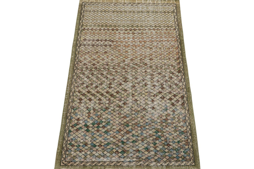 Vintage Zeki Muren Rug In A Green And Brown Geometric Pattern