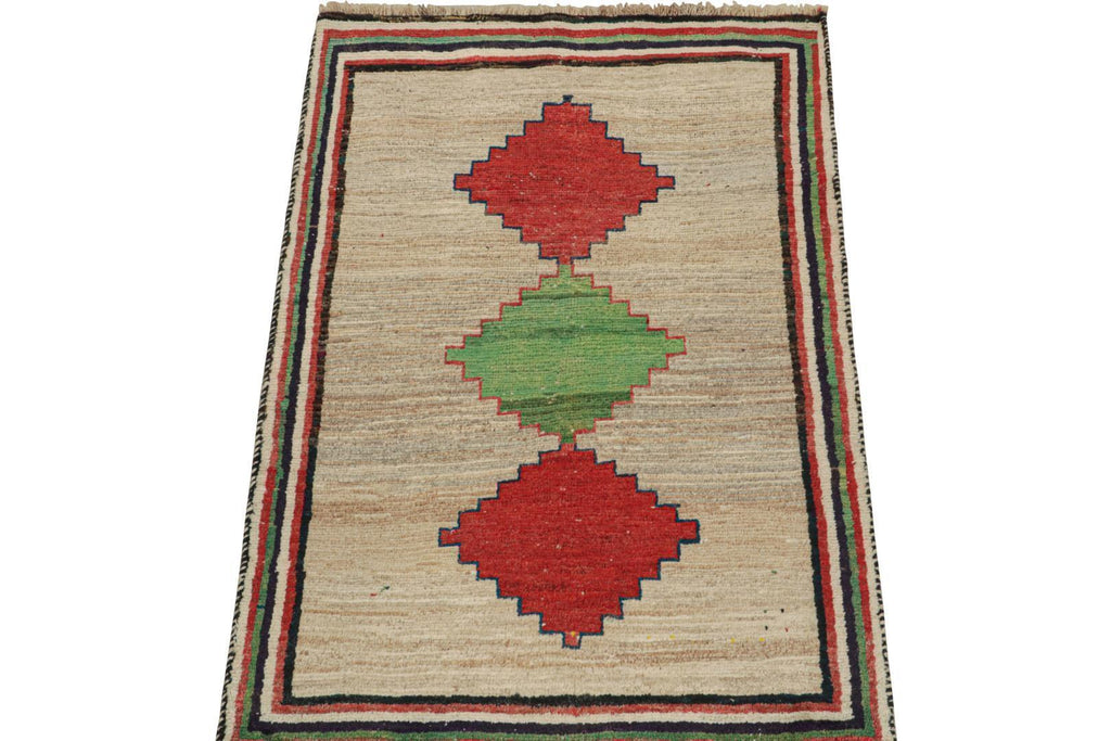 Vintage Persian Tribal Runner In Beige With Green And Red Medallions