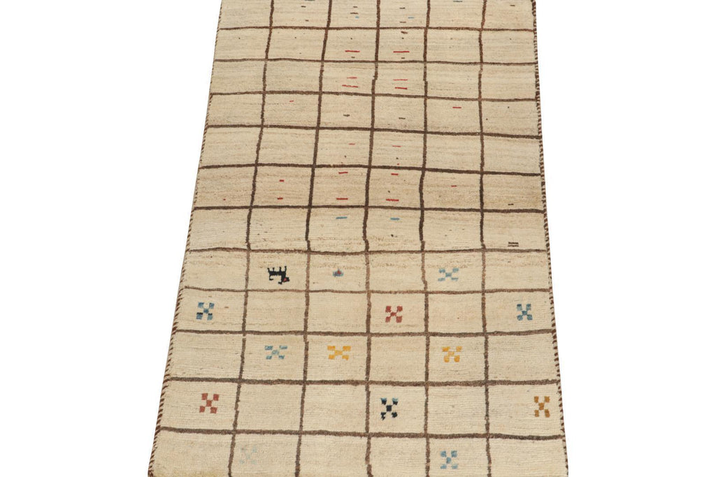 Vintage Qashqai Persian Gabbeh Rug In Beige Brown Grid Pattern