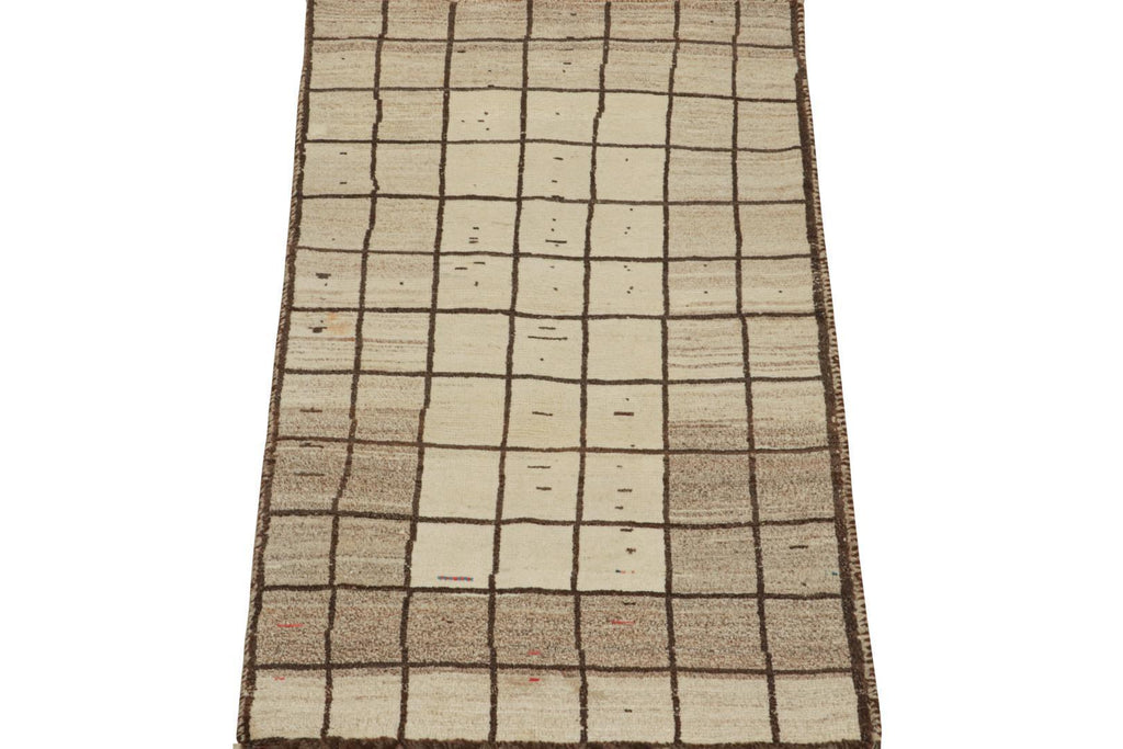 Vintage Qashqai Persian Gabbeh Runner In Beige Brown Grid Pattern