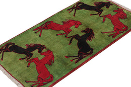 Vintage Persian Rug In Green With Black And Red Horse Pictorials