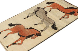 Vintage Persian Rug In Beige With Horse Pictorials