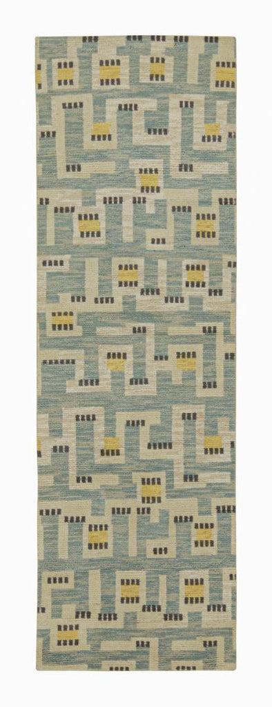 Scandinavian Runner In Blue Beige & Gold Geometric Pattern