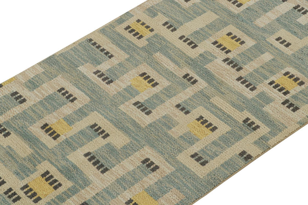 Scandinavian Runner In Blue Beige & Gold Geometric Pattern