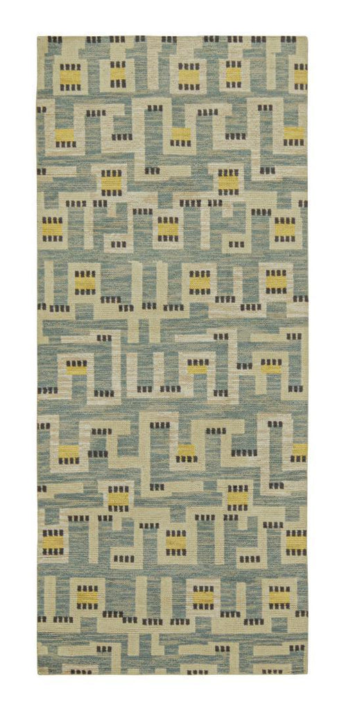 Scandinavian Rug In Blue With Beige & Gold Geometric Pattern