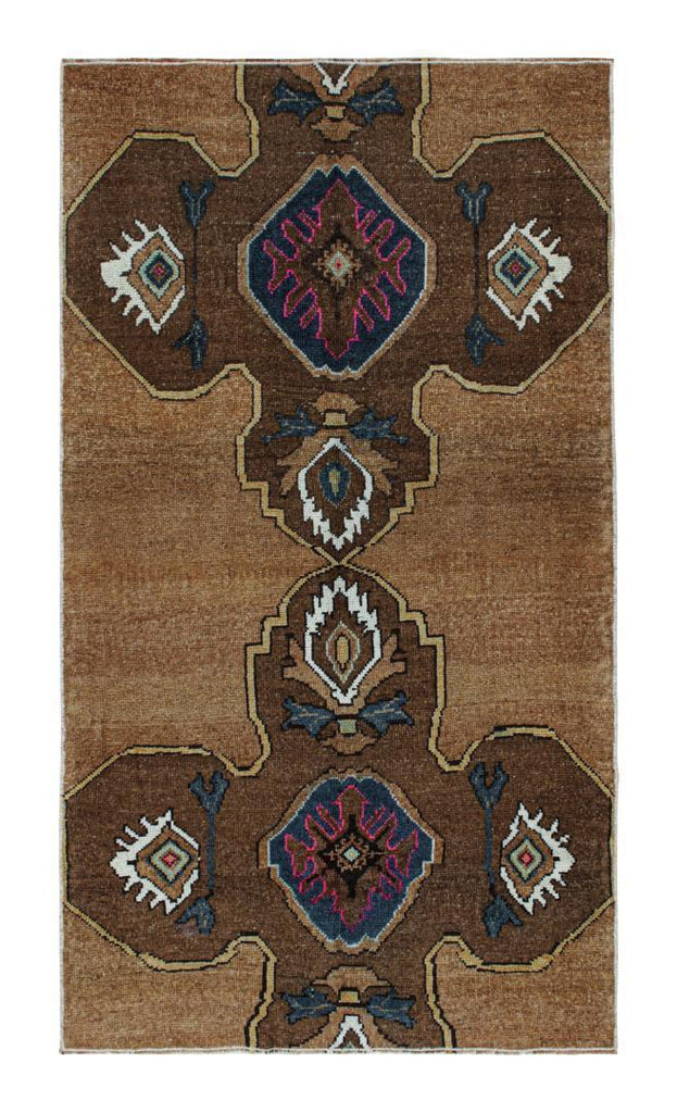 Vintage Turkish Rug In Brown With Blue And White Patterns