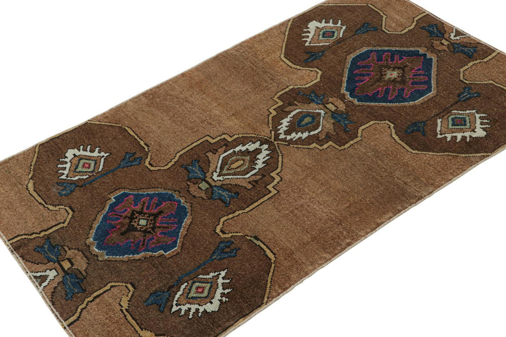 Vintage Turkish Rug In Brown With Blue And White Patterns