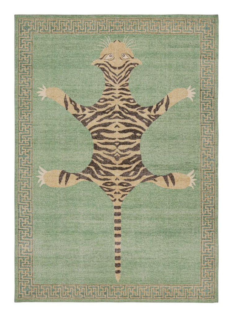 Distressed Tiger Rug in Green with Beige and Black Pictorial