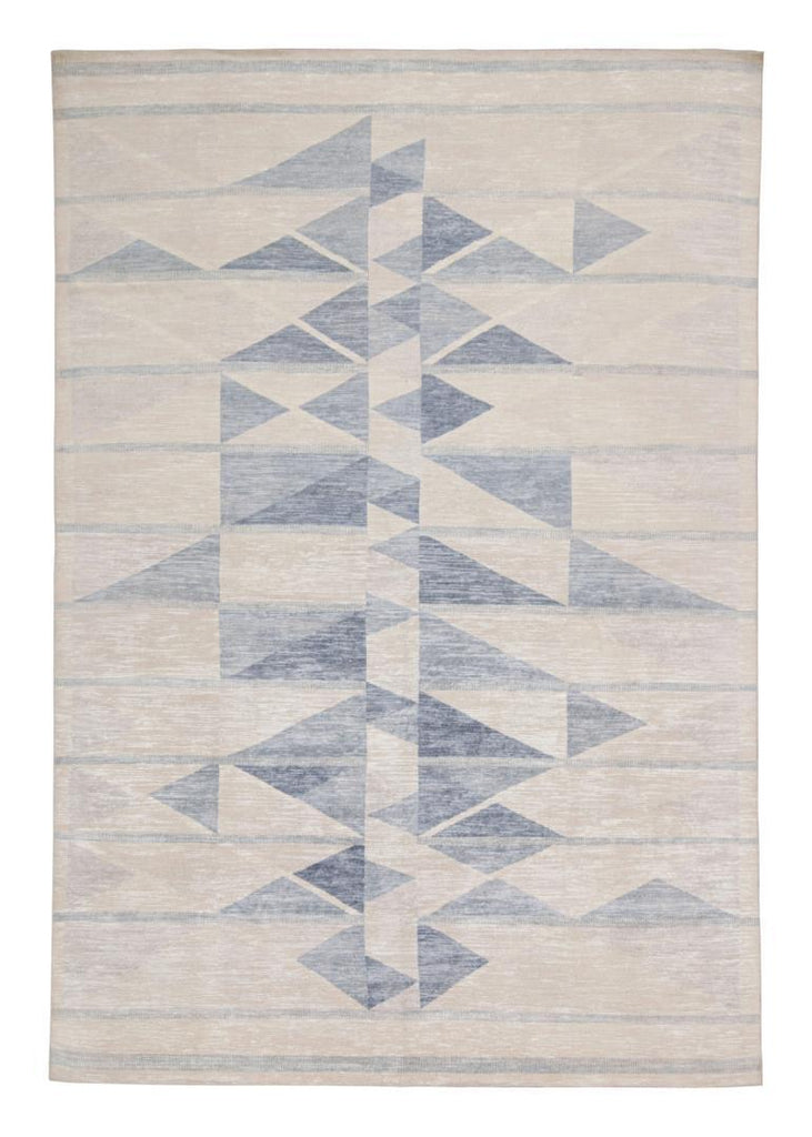 Scandinavian Rug With Ivory & Blue Geometric Patterns