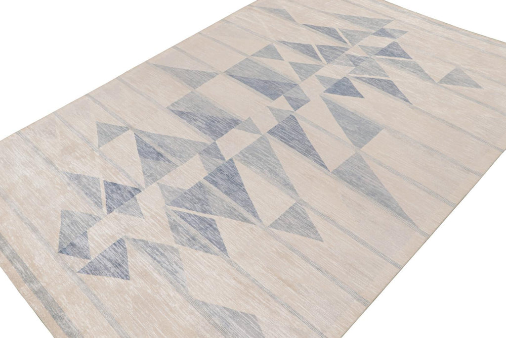 Scandinavian Rug With Ivory & Blue Geometric Patterns