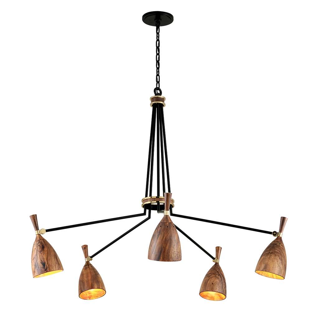 Utopia Chandelier 41" - Black Brass Acacia Wood Shades