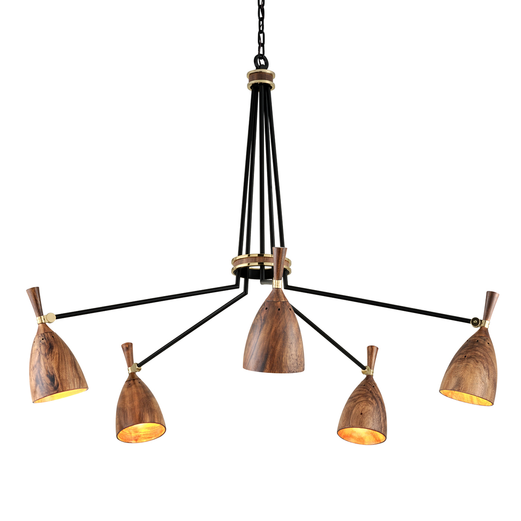 Utopia Chandelier 41" - Black Brass Acacia Wood Shades