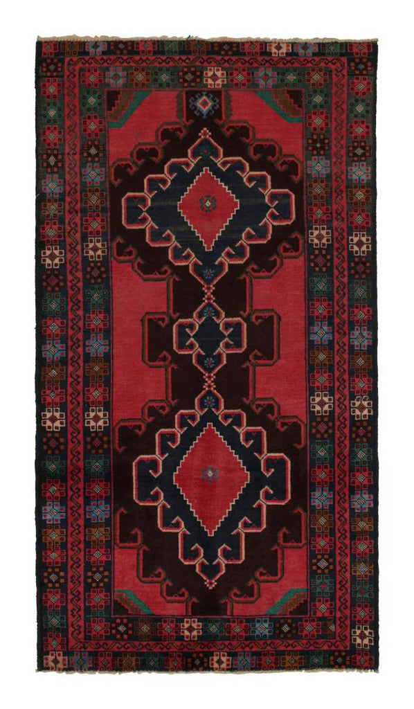 Vintage Balouch Persian Runner In Red Blue & Brown Patterns