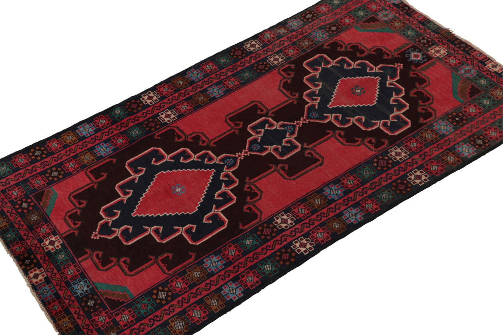 Vintage Balouch Persian Runner In Red Blue & Brown Patterns