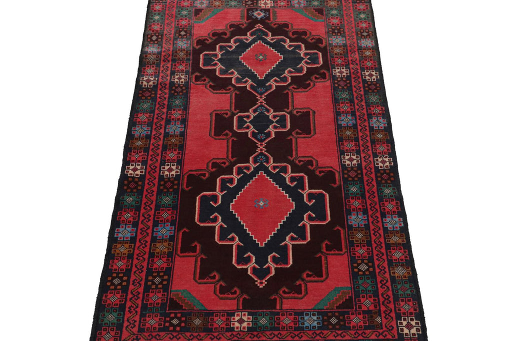 Vintage Balouch Persian Runner In Red Blue & Brown Patterns