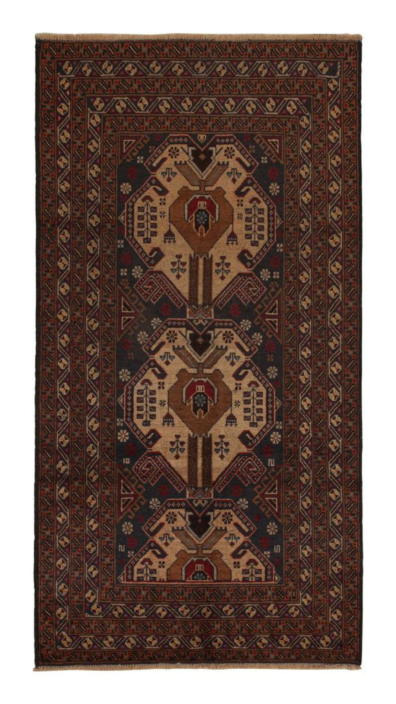 Vintage Balouch Persian Runner In Beige Brown & Blue Patterns