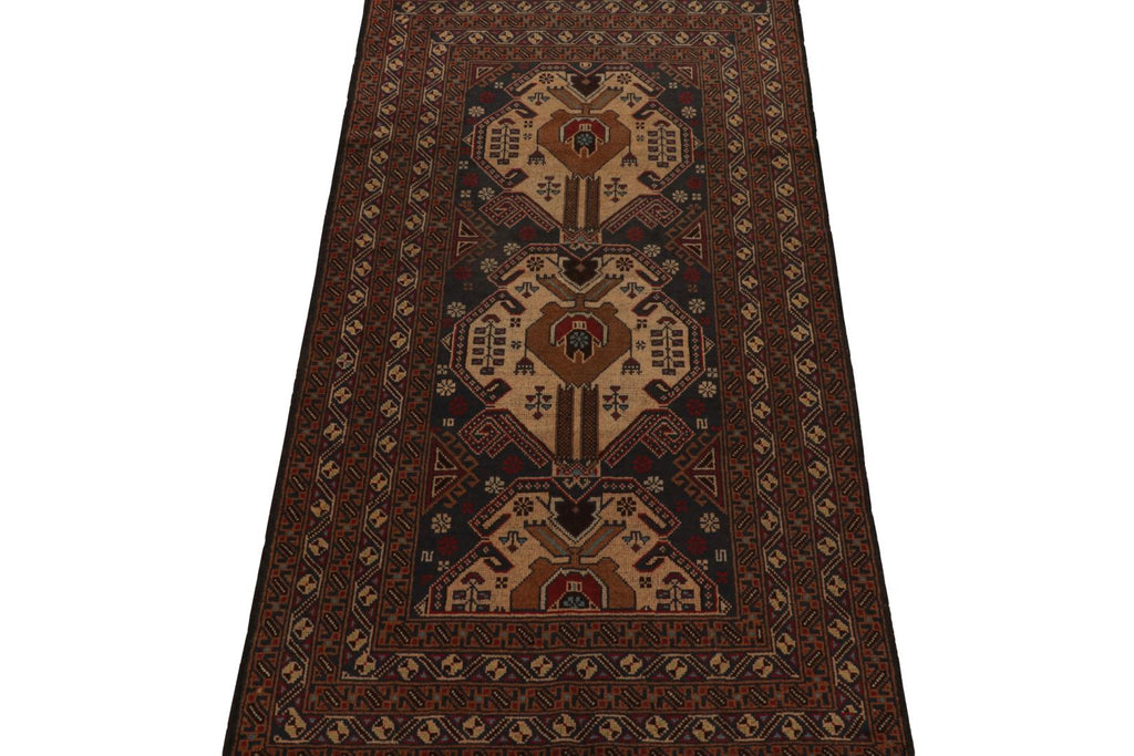 Vintage Balouch Persian Runner In Beige Brown & Blue Patterns