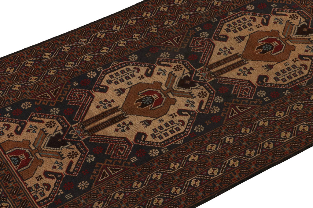 Vintage Balouch Persian Runner In Beige Brown & Blue Patterns