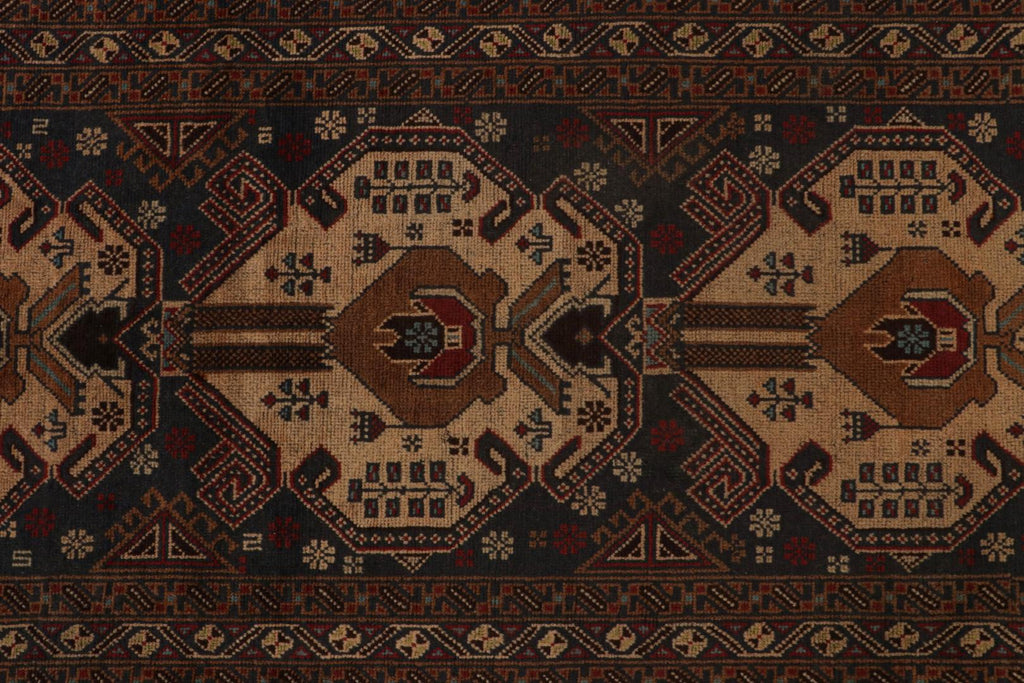 Vintage Balouch Persian Runner In Beige Brown & Blue Patterns