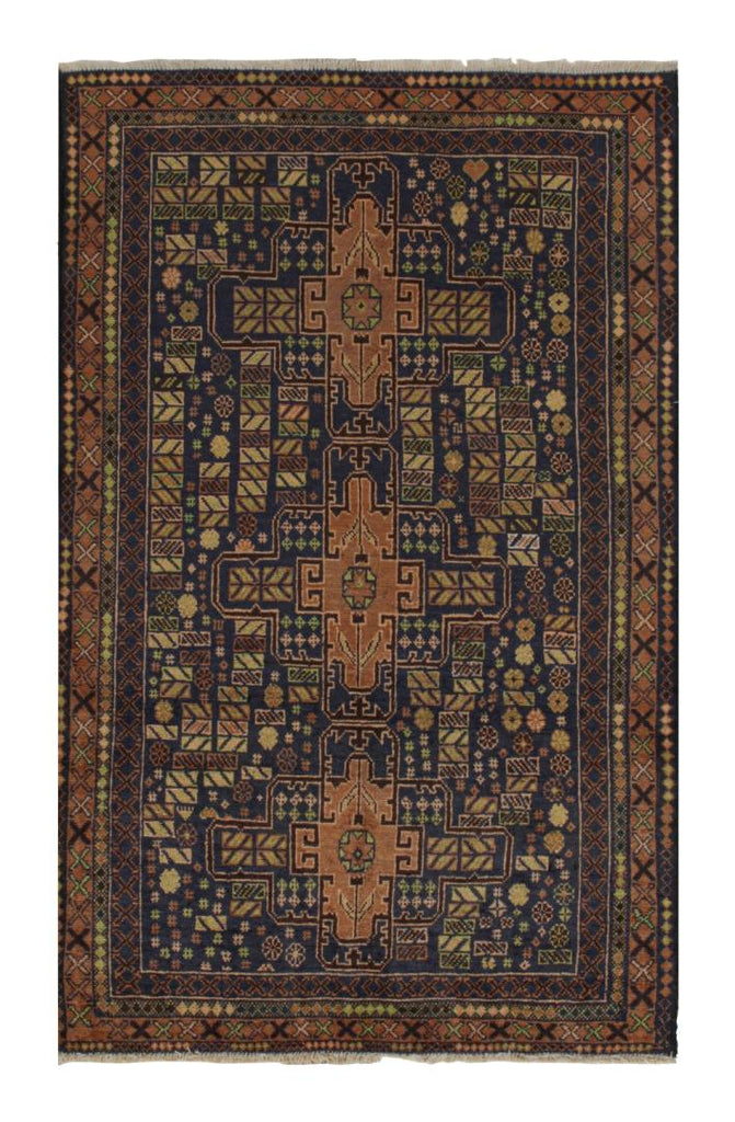 Vintage Balouch Tribal Rug In Brown & Blue Patterns