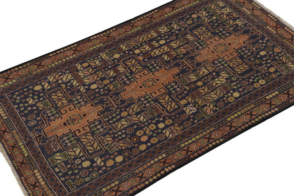 Vintage Balouch Tribal Rug In Brown & Blue Patterns