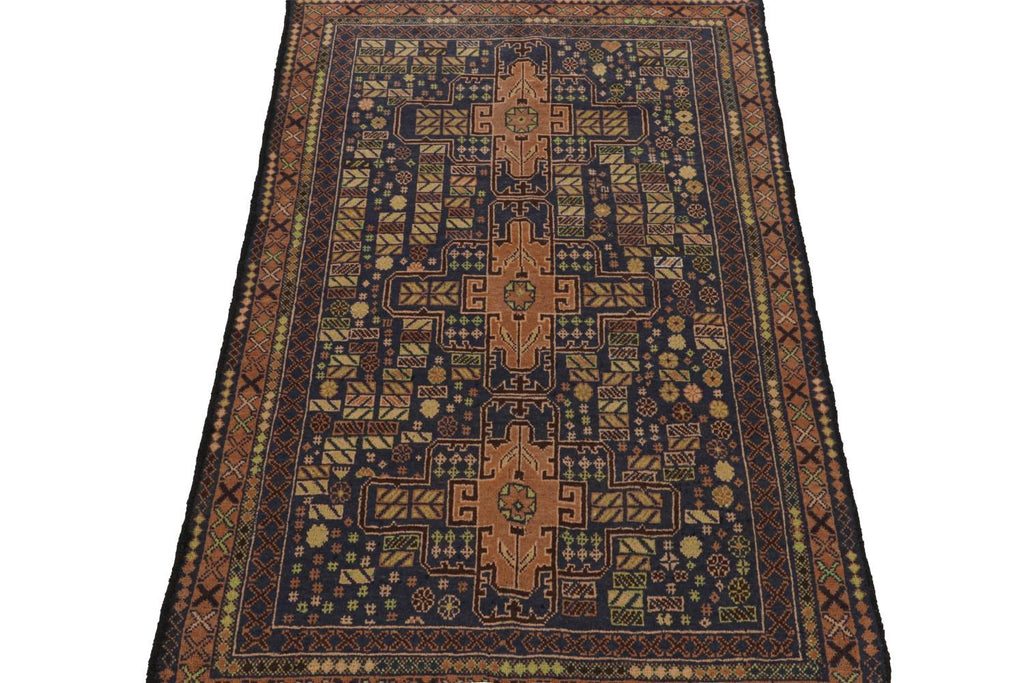 Vintage Balouch Tribal Rug In Brown & Blue Patterns