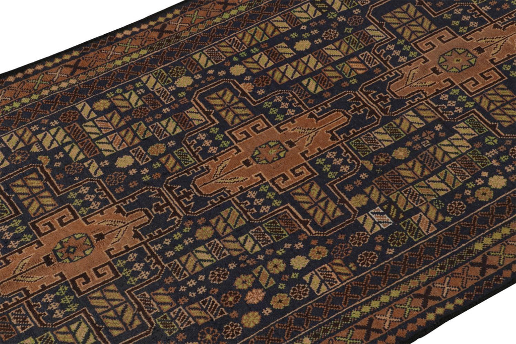 Vintage Balouch Tribal Rug In Brown & Blue Patterns