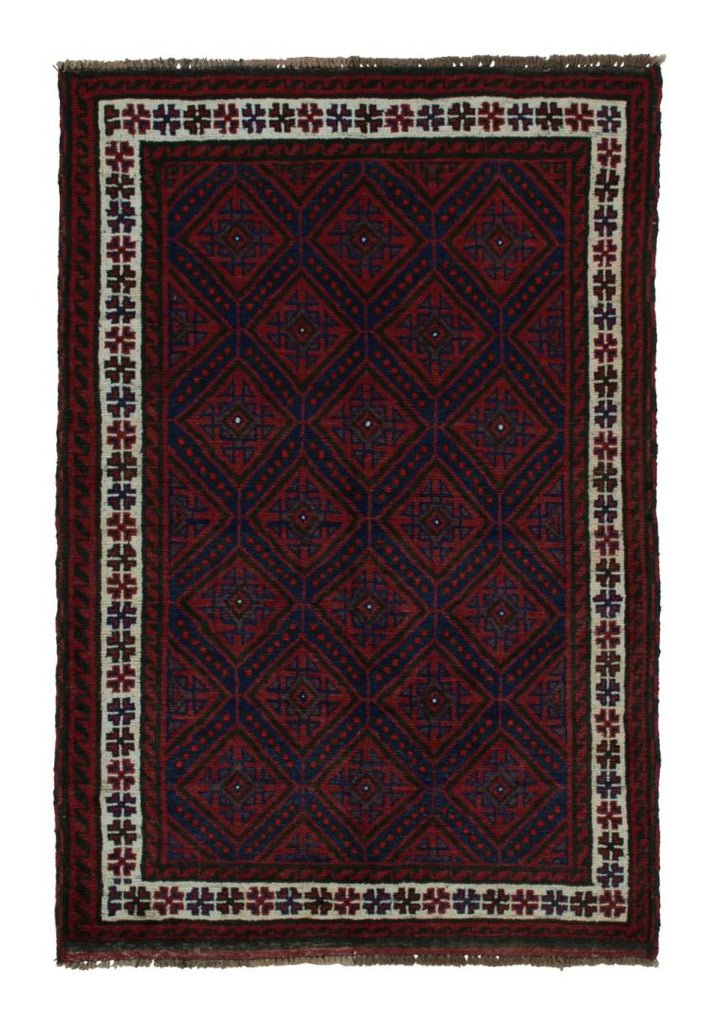 Vintage Balouch Tribal Rug In Red & Navy Blue Patterns