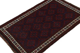 Vintage Balouch Tribal Rug In Red & Navy Blue Patterns