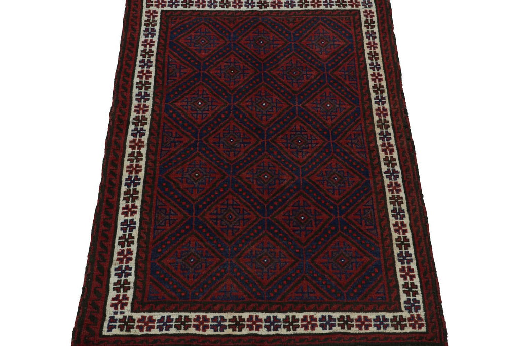 Vintage Balouch Tribal Rug In Red & Navy Blue Patterns