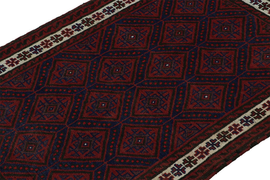 Vintage Balouch Tribal Rug In Red & Navy Blue Patterns