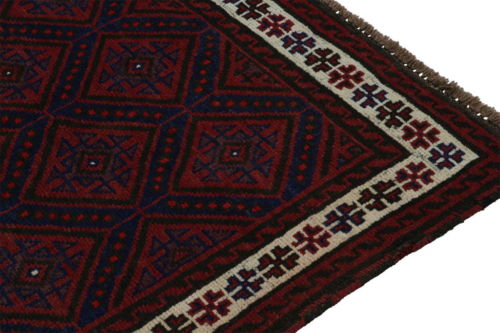 Vintage Balouch Tribal Rug In Red & Navy Blue Patterns