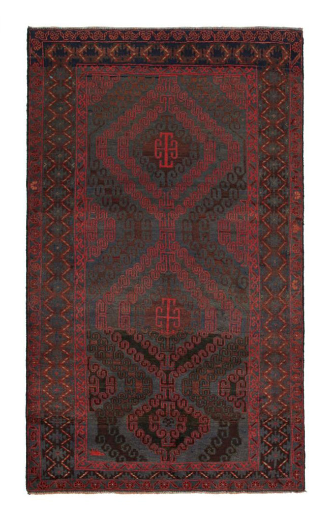 Vintage Balouch Tribal Rug In Red Blue & Brown Patterns