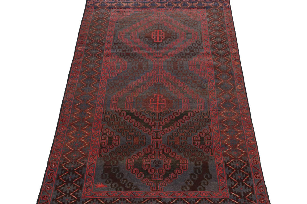 Vintage Balouch Tribal Rug In Red Blue & Brown Patterns