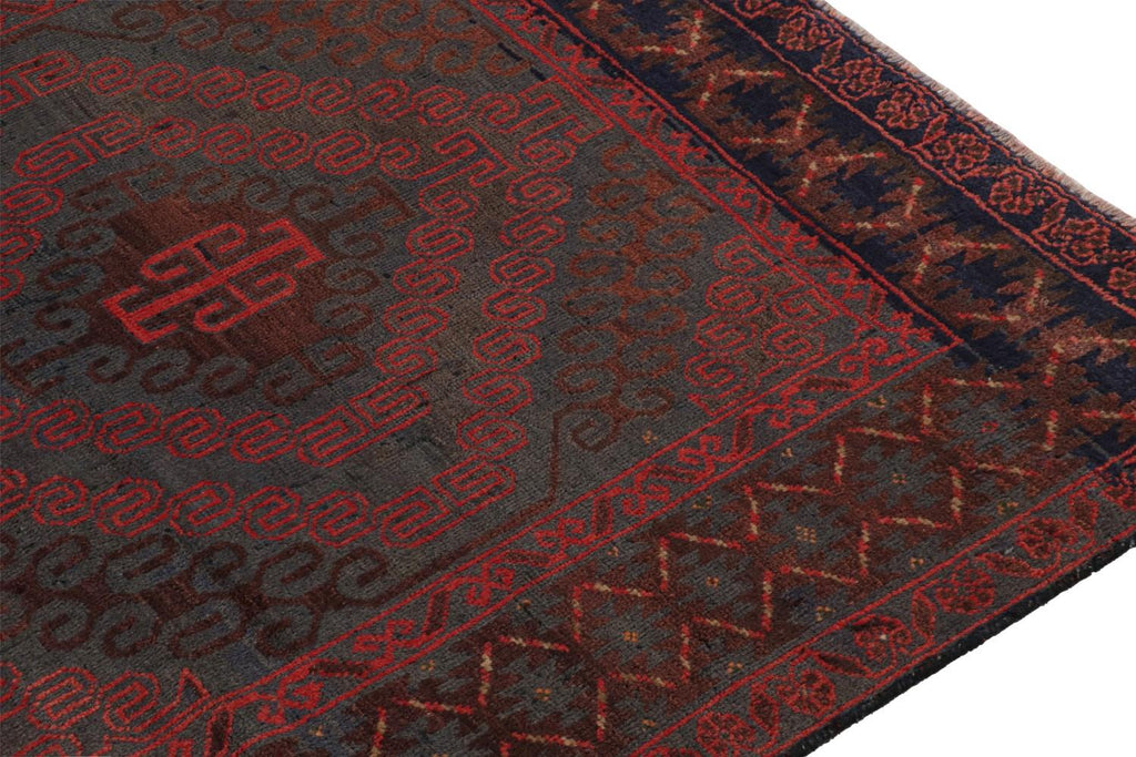 Vintage Balouch Tribal Rug In Red Blue & Brown Patterns