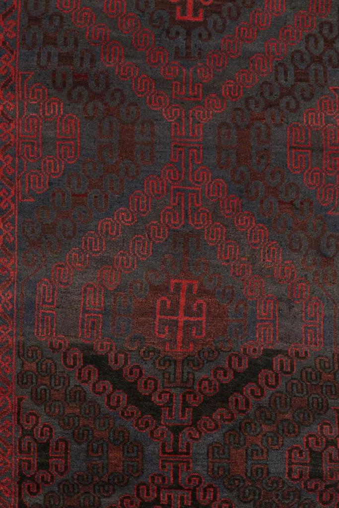 Vintage Balouch Tribal Rug In Red Blue & Brown Patterns