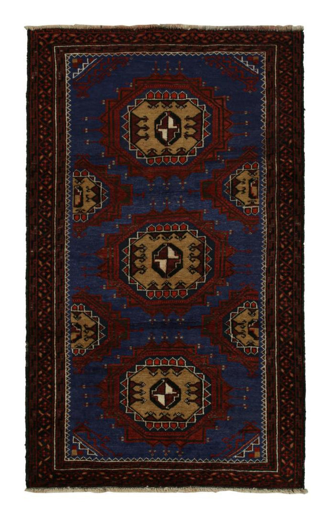 Vintage Balouch Tribal Rug In Blue With Red & Beige Medallions