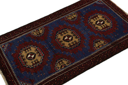 Vintage Balouch Tribal Rug In Blue With Red & Beige Medallions