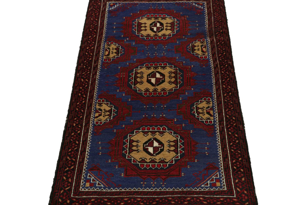 Vintage Balouch Tribal Rug In Blue With Red & Beige Medallions