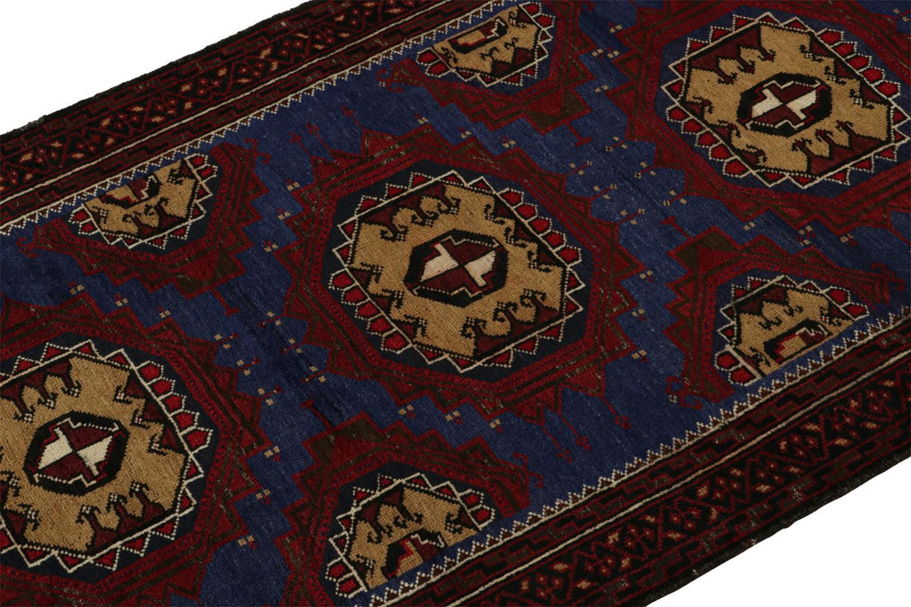 Vintage Balouch Tribal Rug In Blue With Red & Beige Medallions