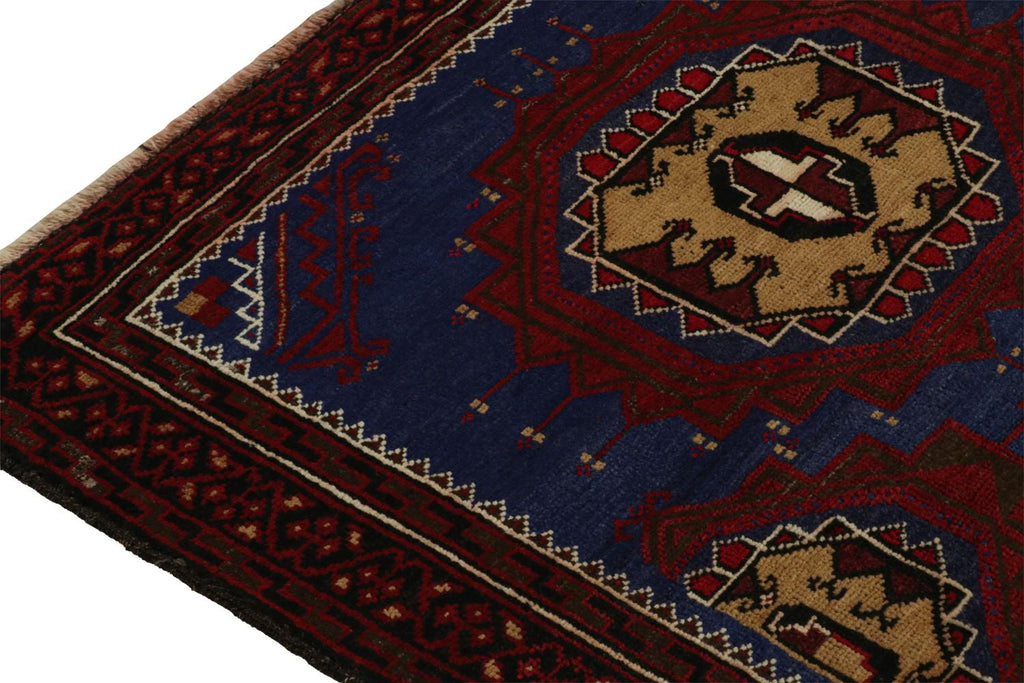 Vintage Balouch Tribal Rug In Blue With Red & Beige Medallions