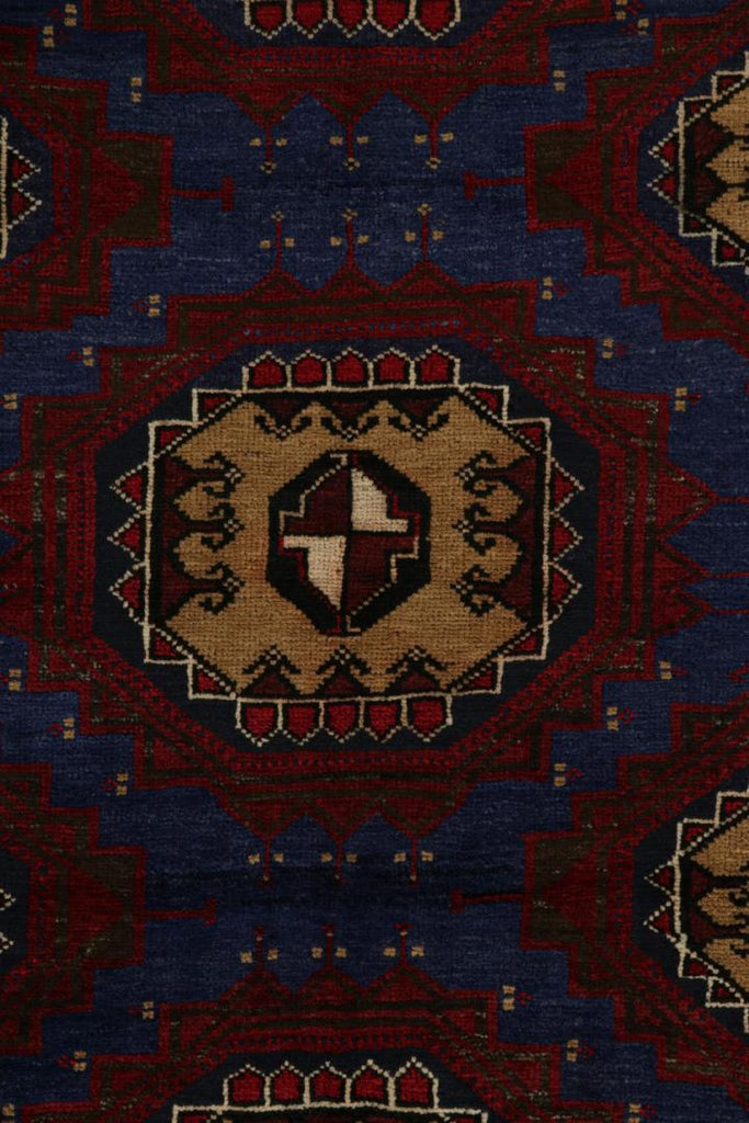 Vintage Balouch Tribal Rug In Blue With Red & Beige Medallions