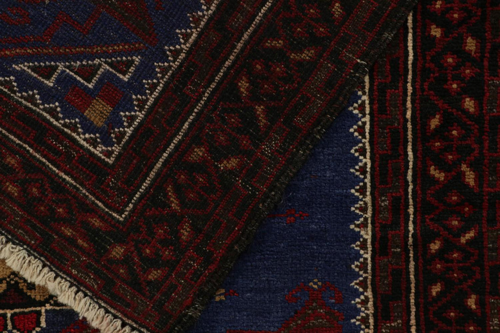 Vintage Balouch Tribal Rug In Blue With Red & Beige Medallions