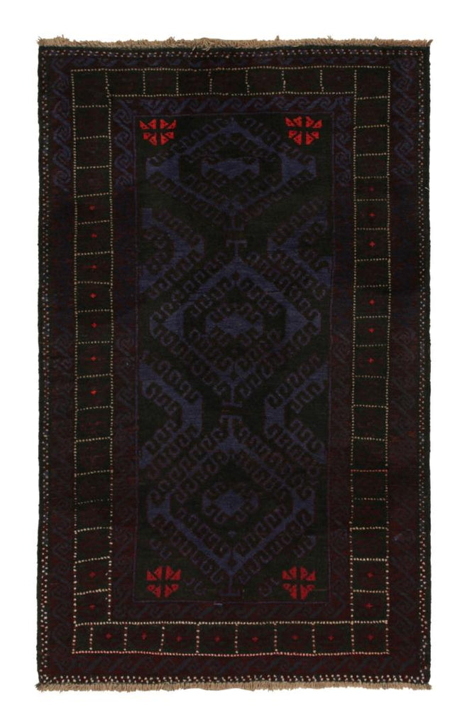 Vintage Balouch Tribal Rug With Blue & Black Geometric Patterns