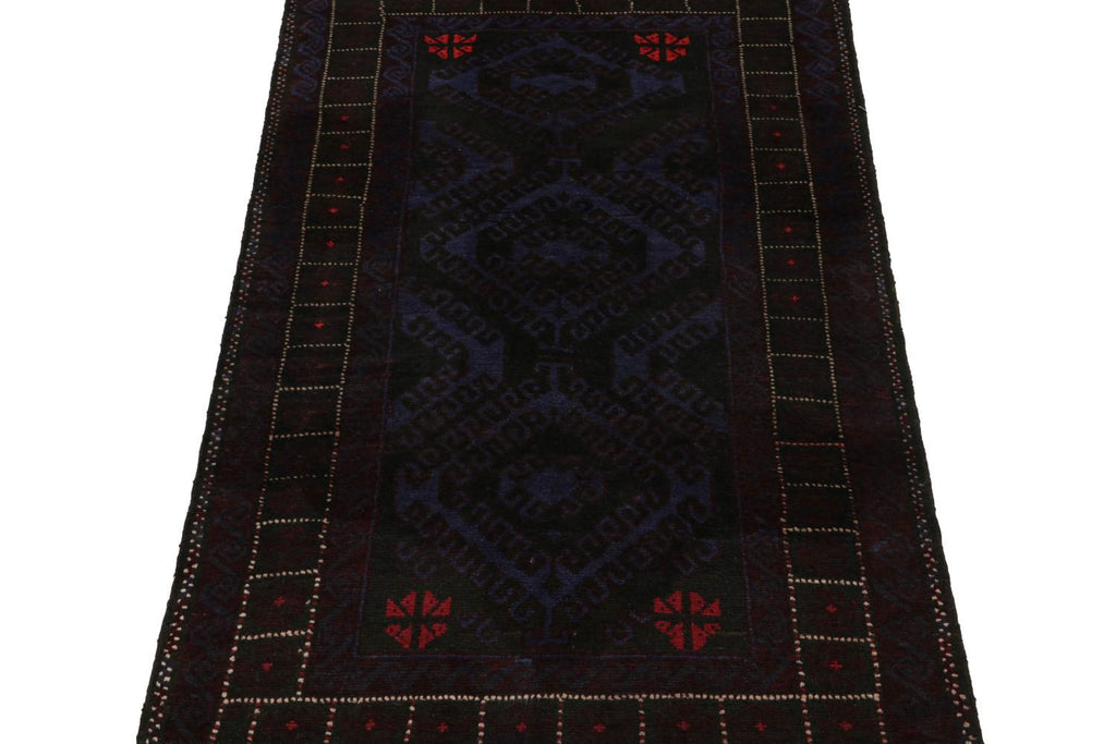 Vintage Balouch Tribal Rug With Blue & Black Geometric Patterns