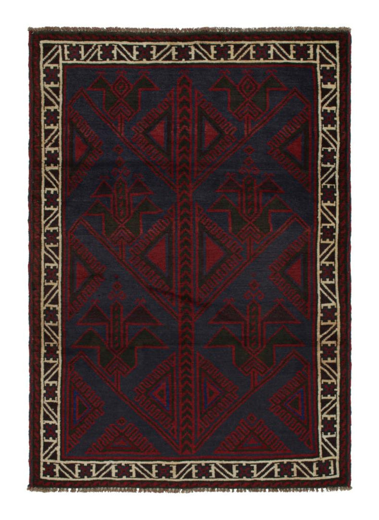 Vintage Balouch Tribal Rug In Red & Blue Geometric Patterns