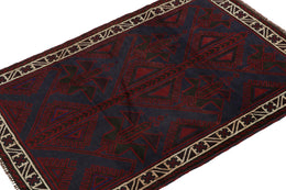 Vintage Balouch Tribal Rug In Red & Blue Geometric Patterns